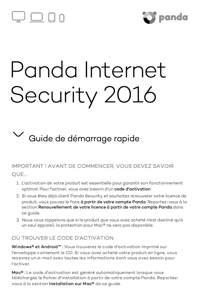 Page 1 de la notice Manuel utilisateur Panda Internet Security 2016