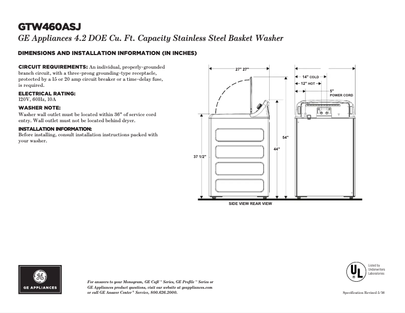 Page 1 of the manual Technical Sheet GE GTW460ASJWW