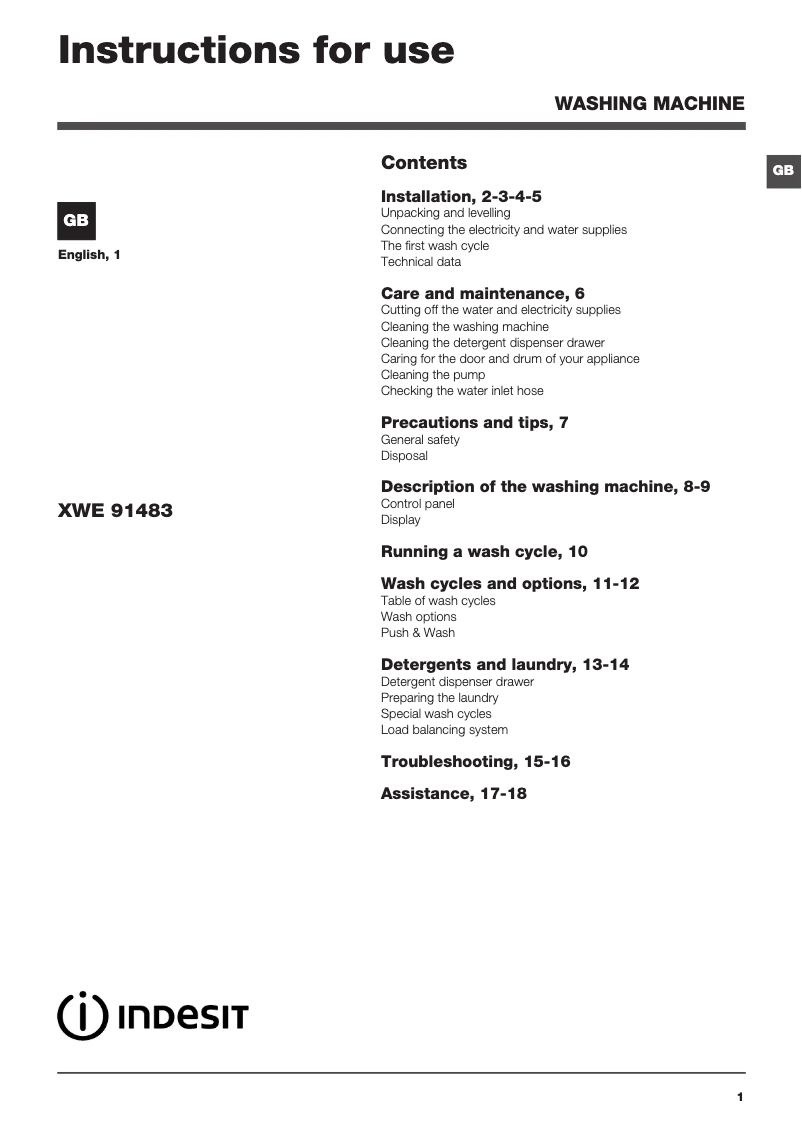 First page image of the manual for XWE 91483X WKKK UK