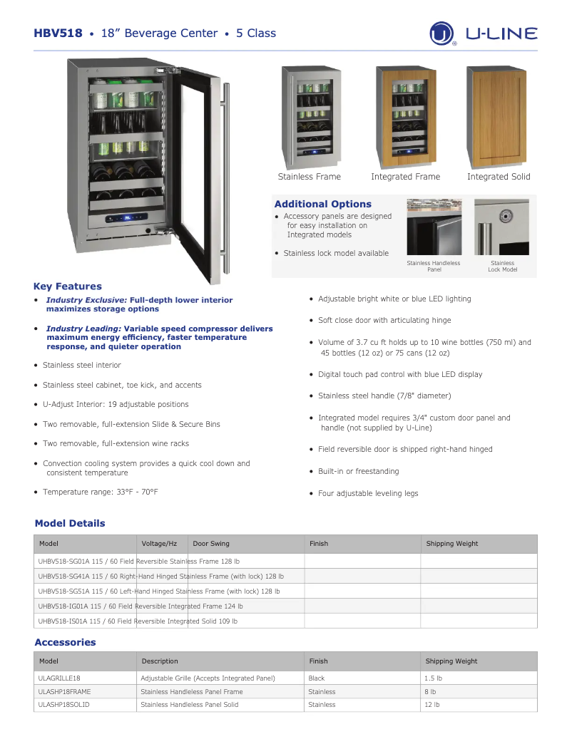 Page 1 of the manual Technical Sheet U-Line UHBV518-SG51A