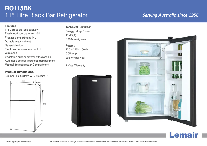 Page 1 of the manual Technical Sheet Lemair RQ-115BK