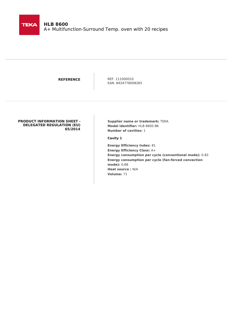 Page 1 of the manual Technical Sheet Teka HLB 8600