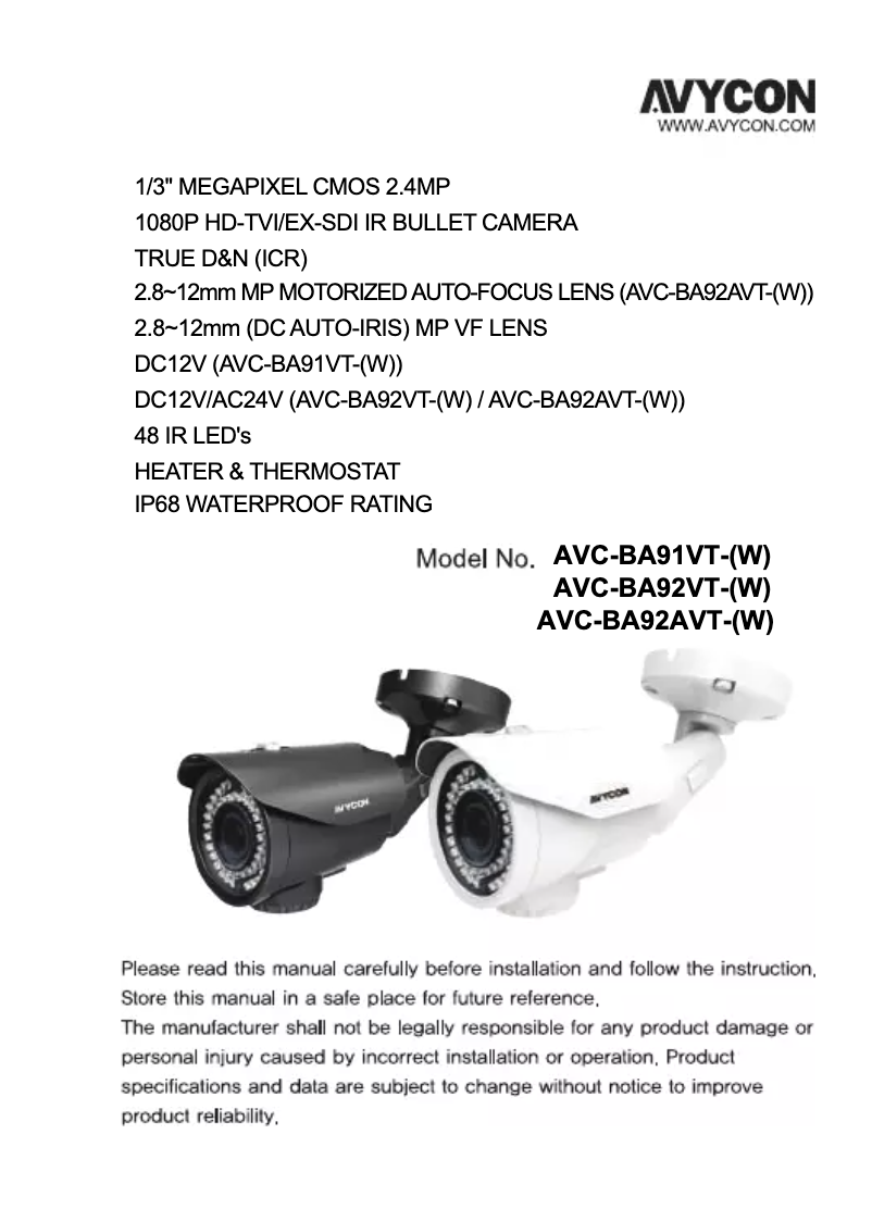 First page image of the manual for AVC-BA91VT-W