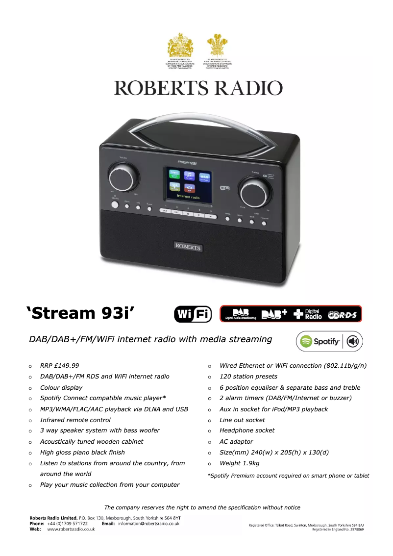 Page 1 of the manual Technical Sheet Roberts Stream 93i