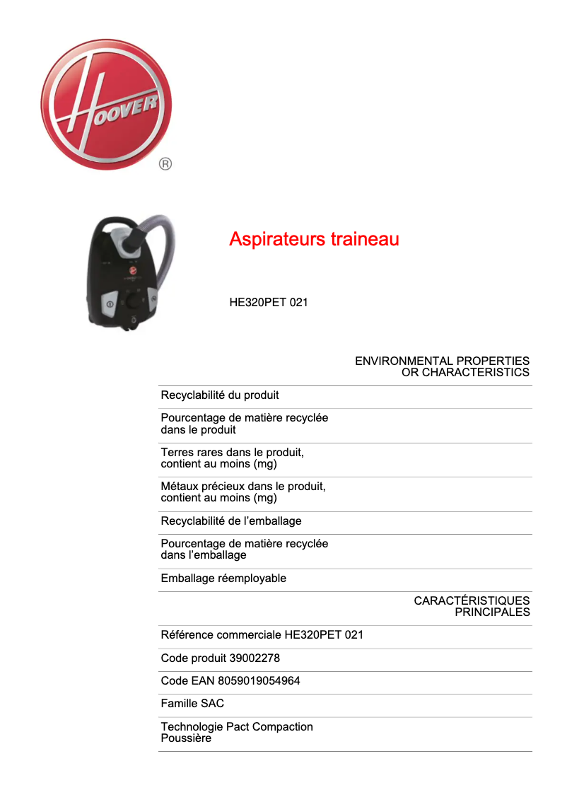 First page image of the manual for HE320PET 021