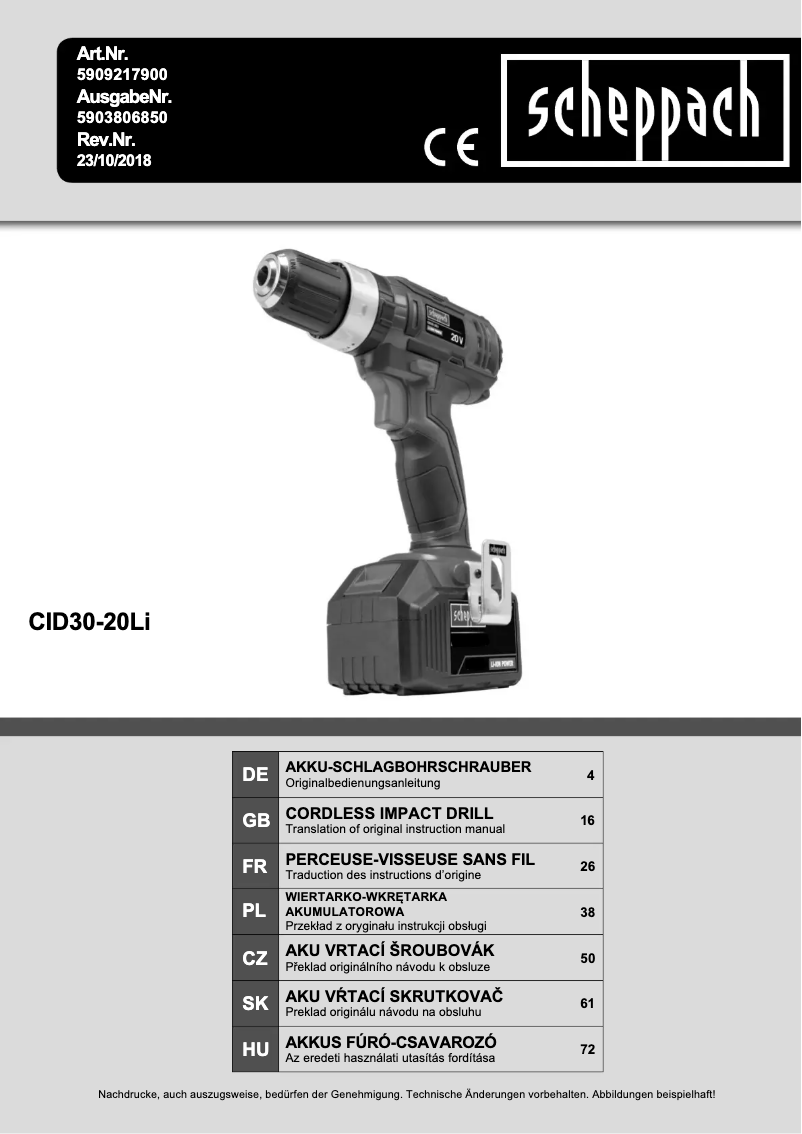 Page 1 of the manual User Manual Scheppach CID30-20Li