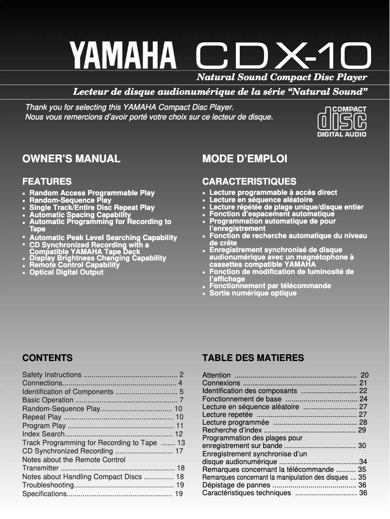 Page 1 of the manual User Manual Yamaha CDX-10