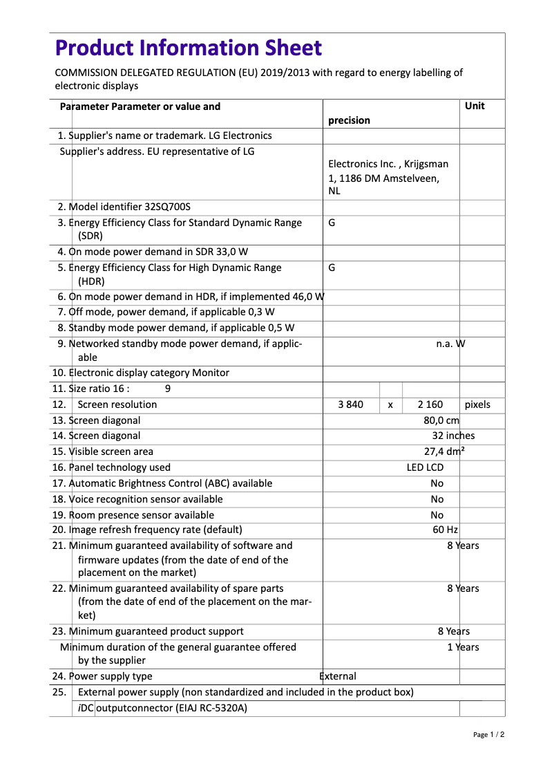 First page image of the manual for 32SQ700S