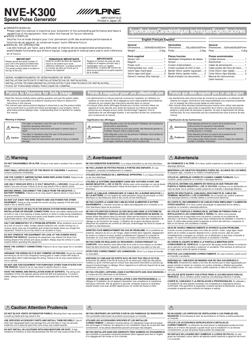 Page 1 of the manual User Manual Alpine NVE-K300
