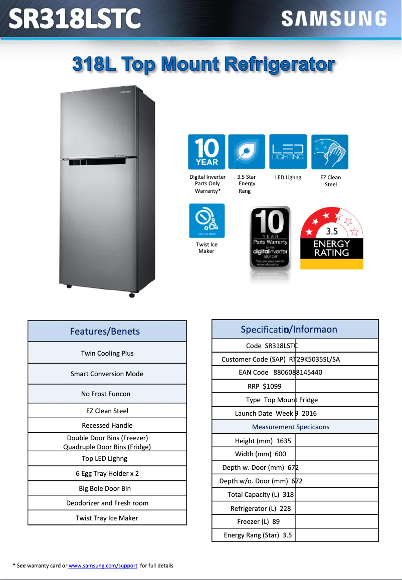 Page 1 of the manual Technical Sheet Samsung SR318LSTC