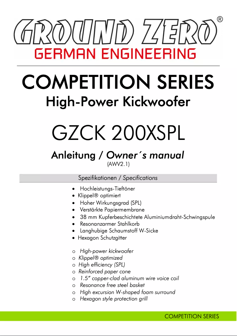 First page image of the manual for GZCK 200XSPL