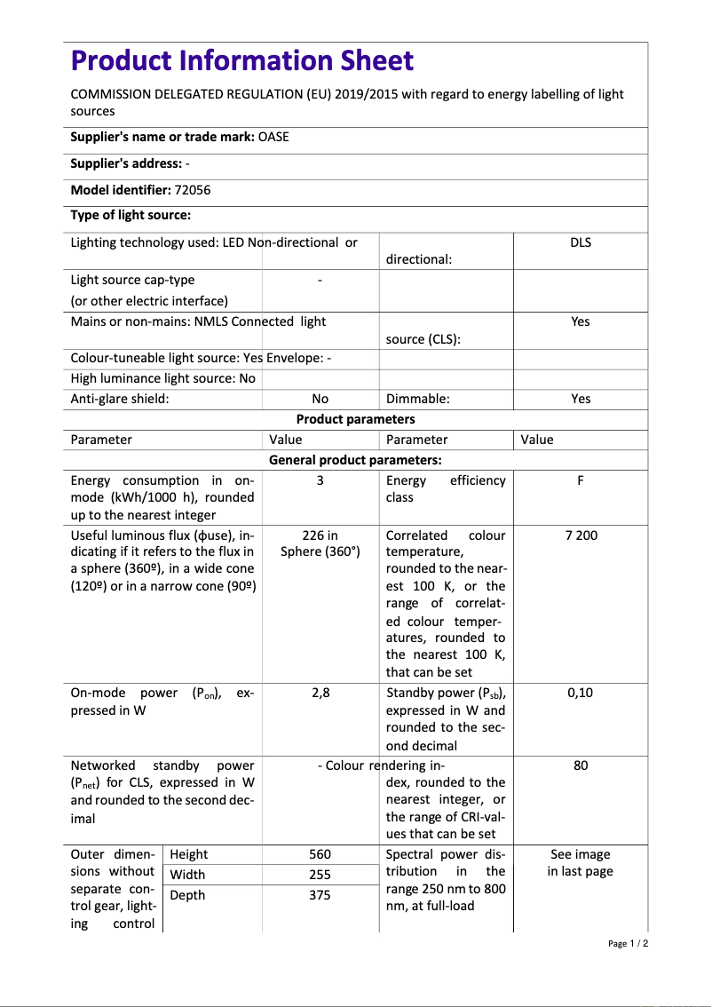 Page 1 of the manual Technical Sheet Oase biOrb LIFE 45