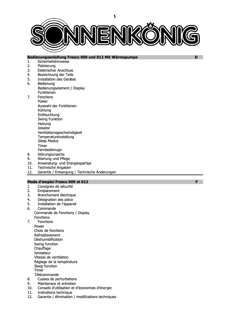First page image of the manual for Fresco 012