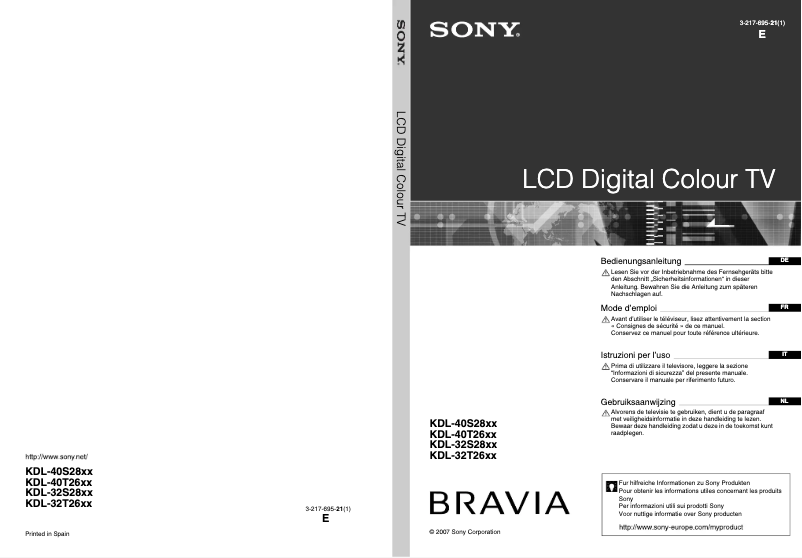 Page 1 of the manual User Manual Sony Bravia KDL-40S2810