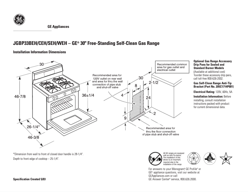 Page 1 of the manual Technical Sheet GE JGBP33BEHBB