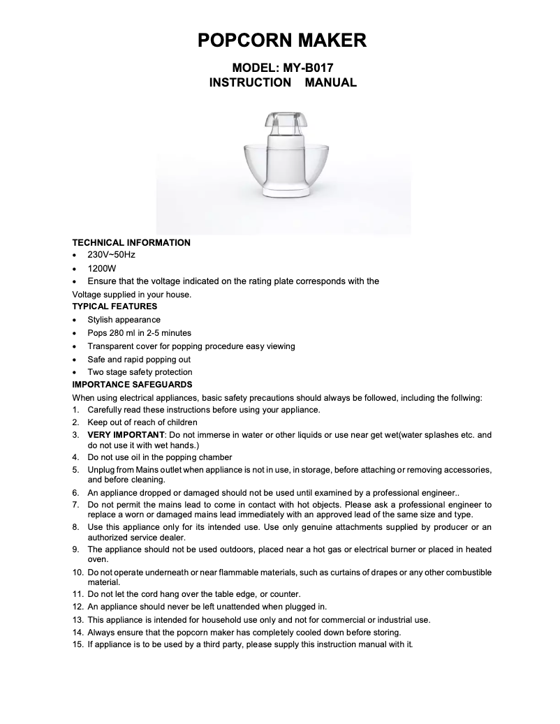 Page 1 of the manual User Manual Cornfit MY-B017