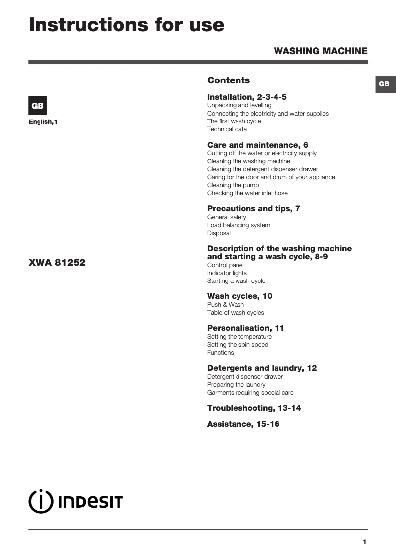 First page image of the manual for XWA81252X