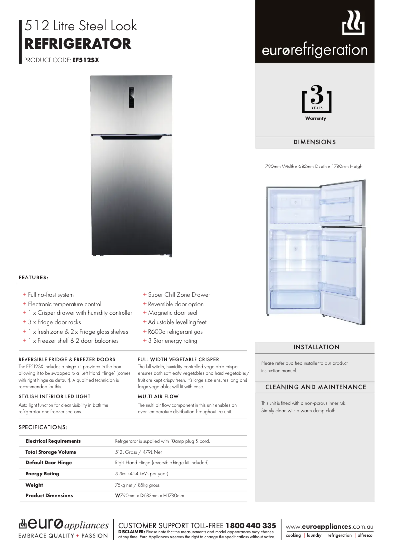 Page 1 of the manual Technical Sheet Euro Appliances EF512SX