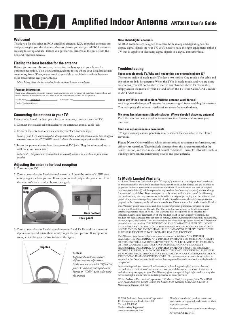 Page 1 of the manual User Manual audiovox ANT301R