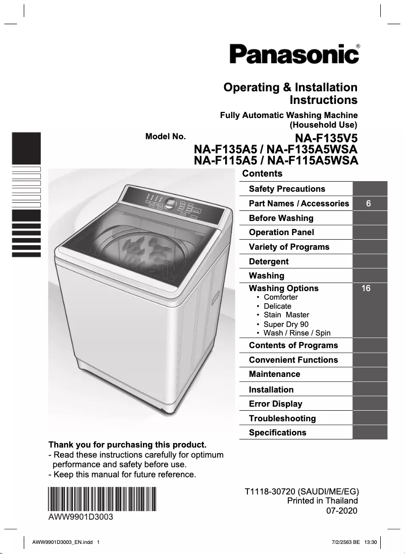 Page 1 of the manual User Manual Panasonic NA-F135A5