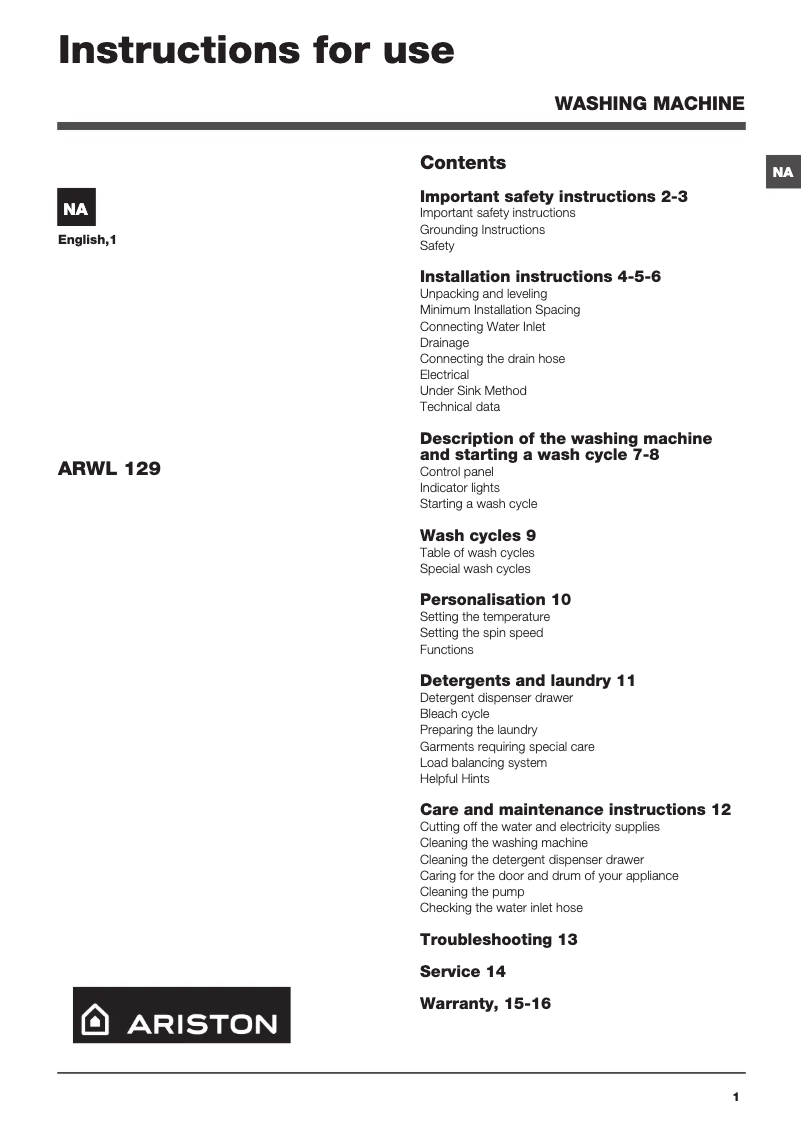 Page 1 of the manual User Manual Hotpoint Ariston ARWL 129