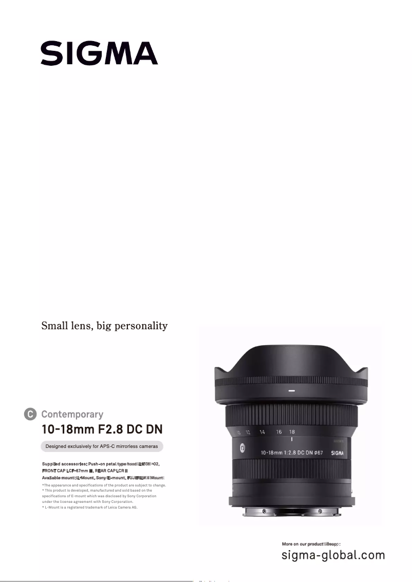 Page 1 of the manual Brochure Sigma 10-18mm F2.8 DC DN