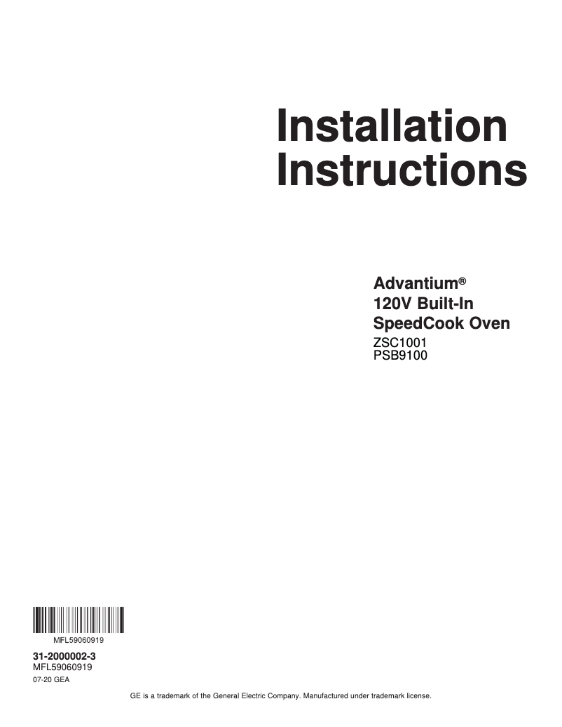 Page 1 of the manual Installation Guide GE PSB9100DFBB