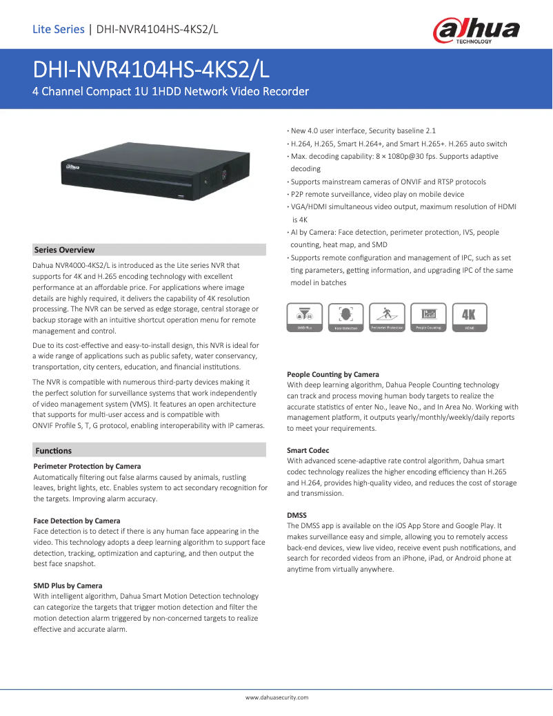 Page 1 of the manual Technical Sheet Dahua Technology NVR4104HS-4KS2/L