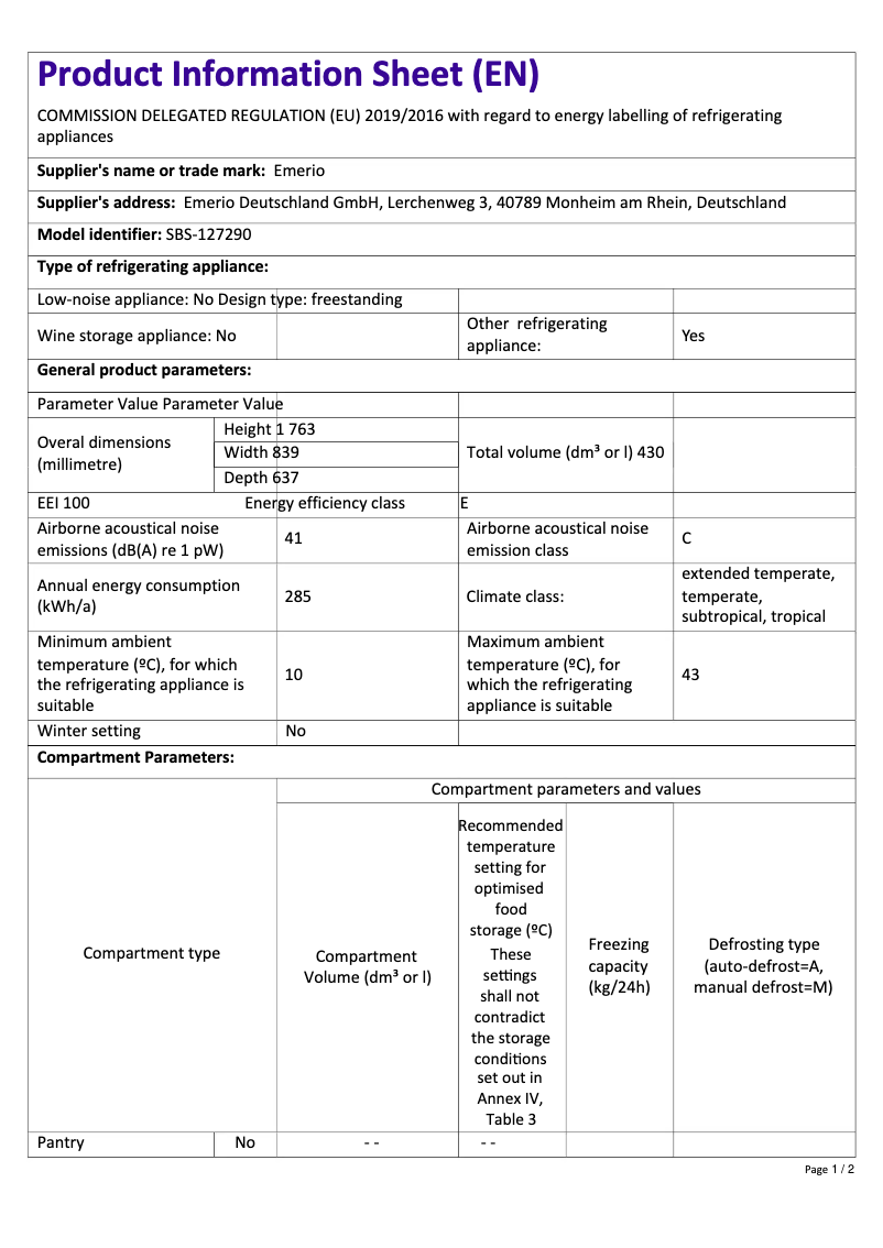 Page 1 of the manual Technical Sheet Emerio SBS-127290