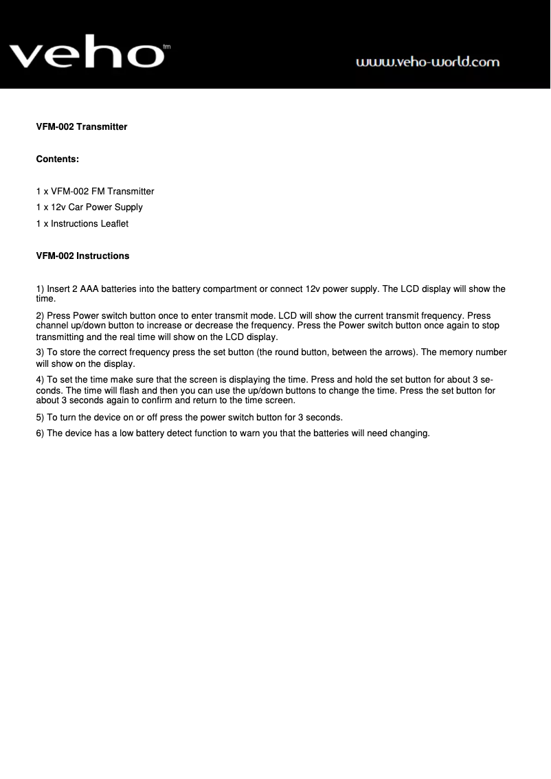 First page image of the manual for VFM-002 Transmitter