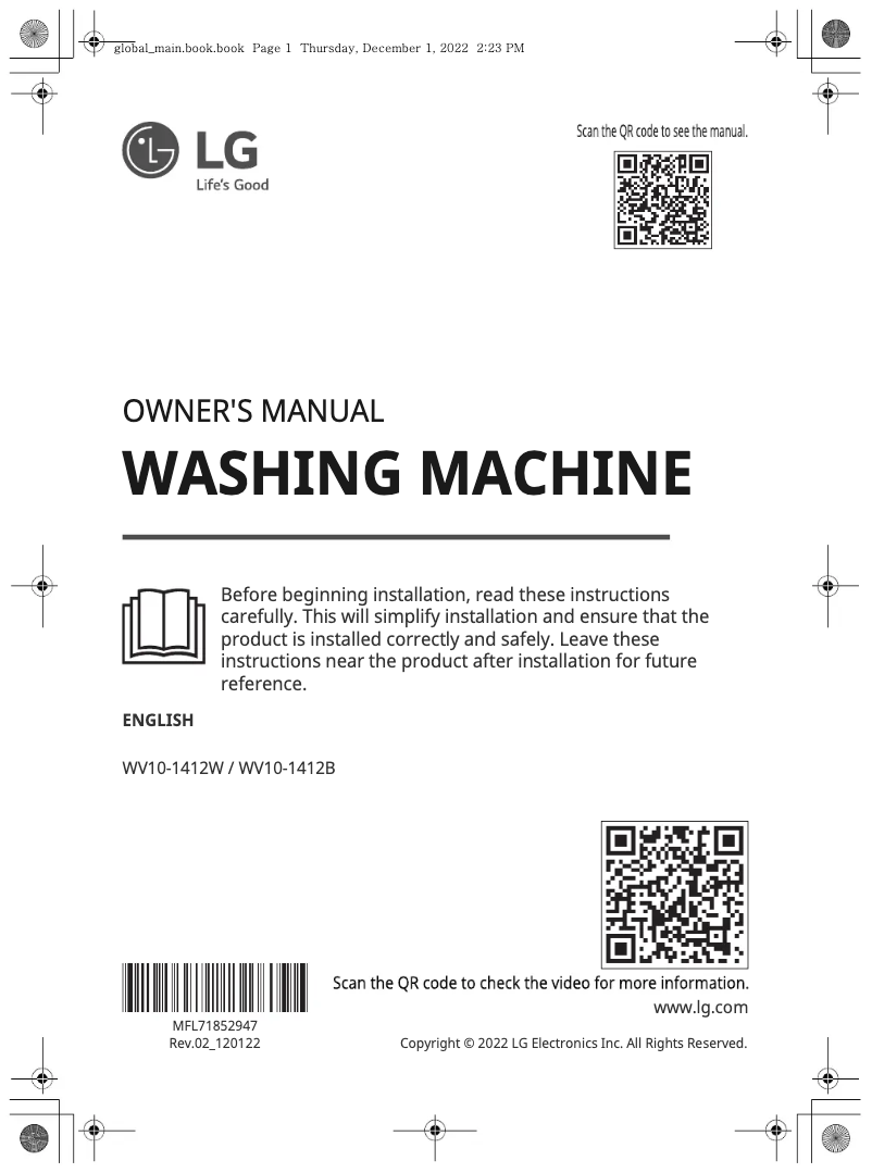 First page image of the manual for WV10-1412B