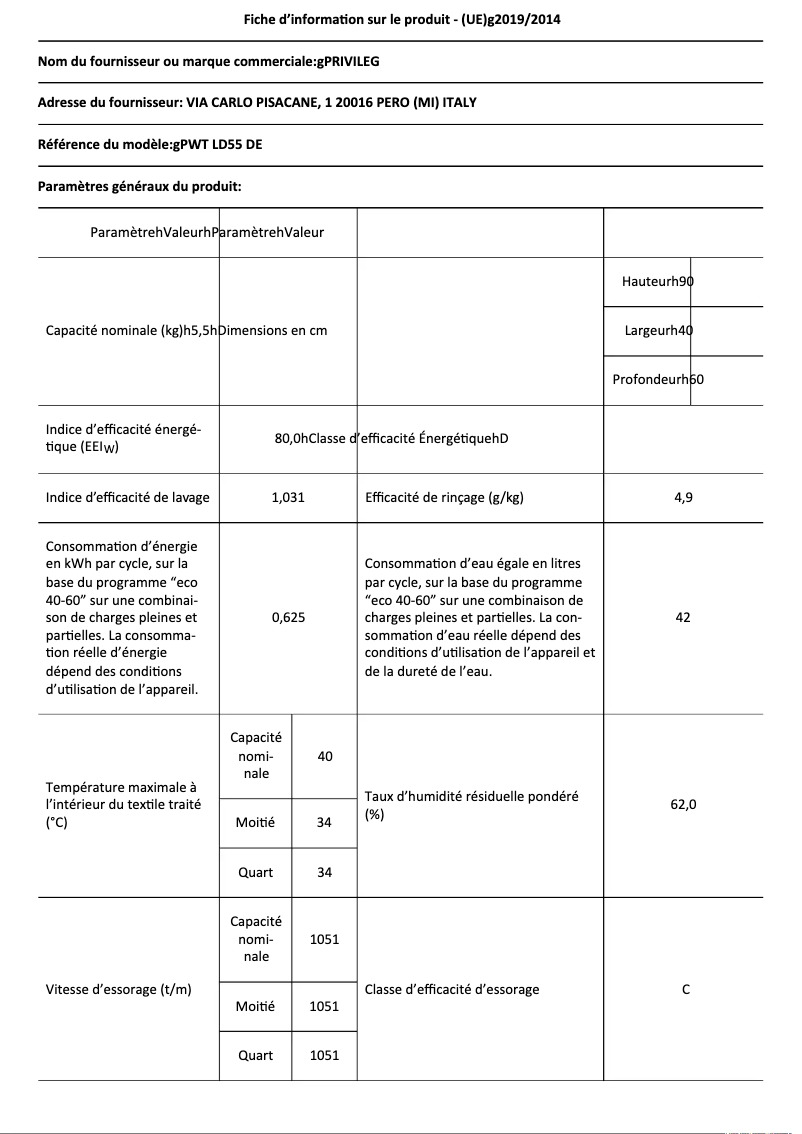 Page 1 of the manual Technical Sheet Privileg PWT LD55 DE