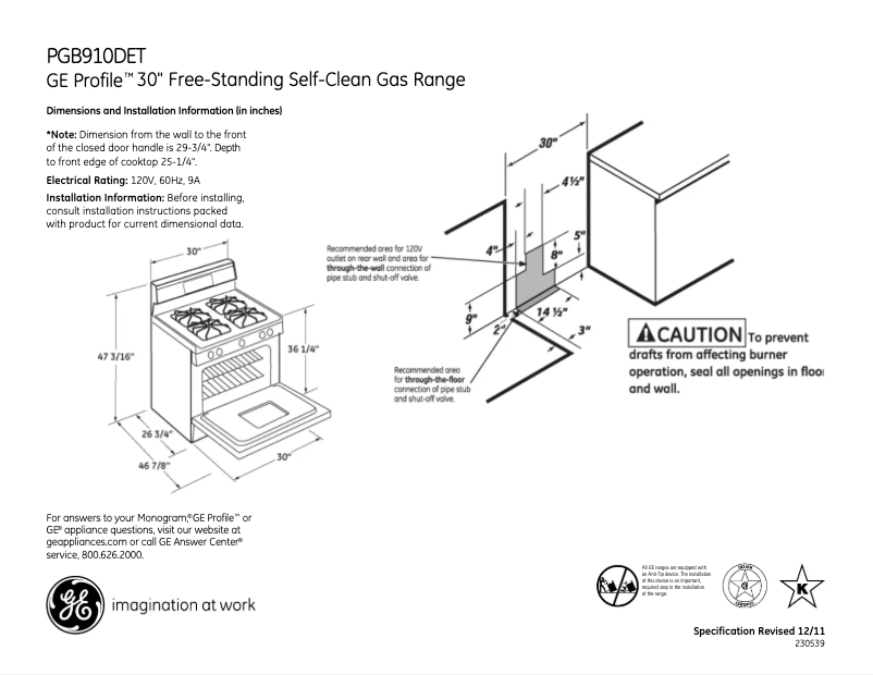 Page 1 of the manual Technical Sheet GE Profile PGB910DETBB