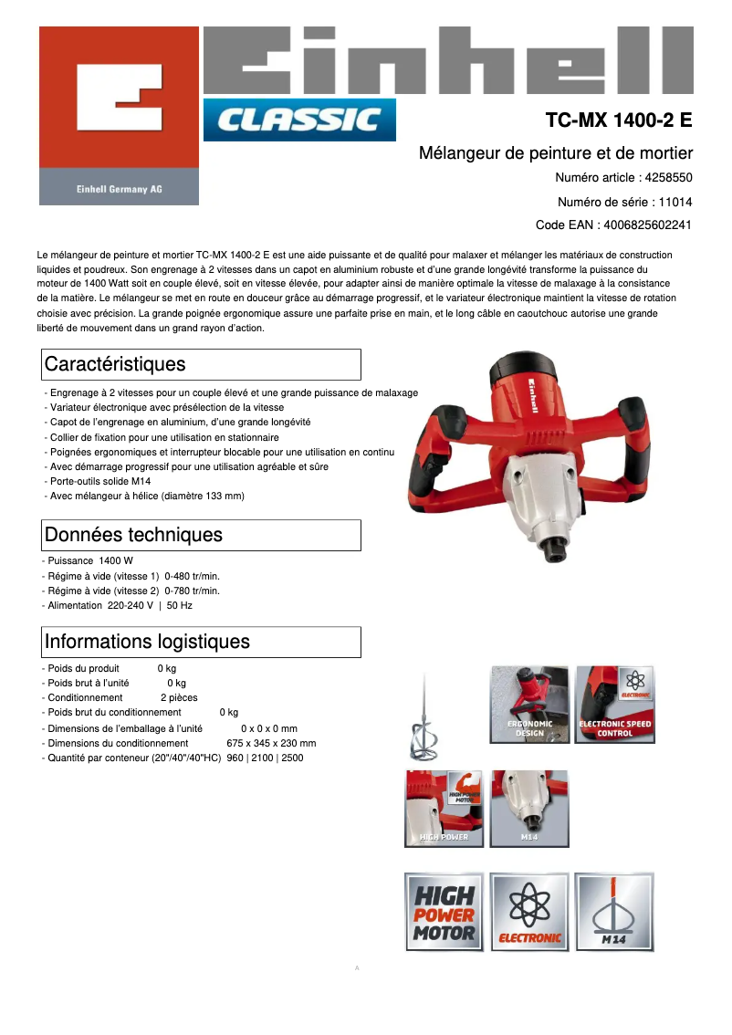 Page 1 of the manual Technical Sheet Einhell TC-MX 1400-2 E