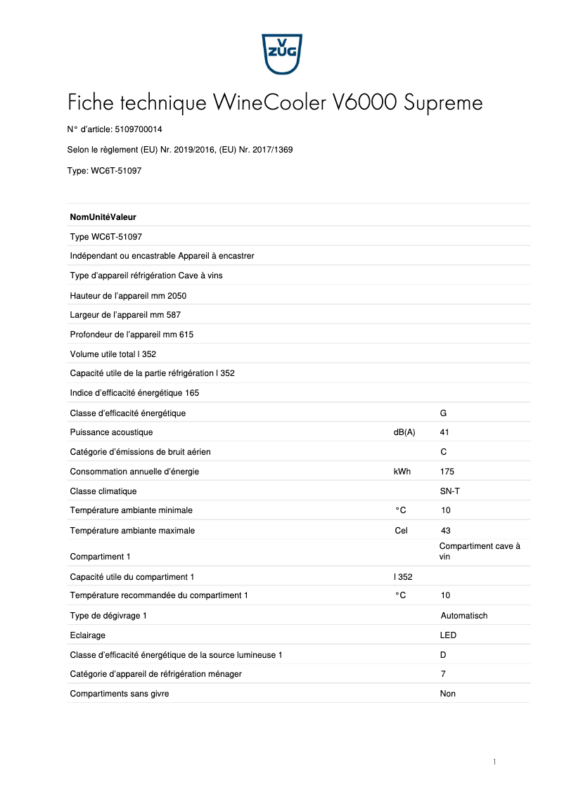 Page 1 of the manual Technical Sheet V-Zug WineCooler V6000 Supreme