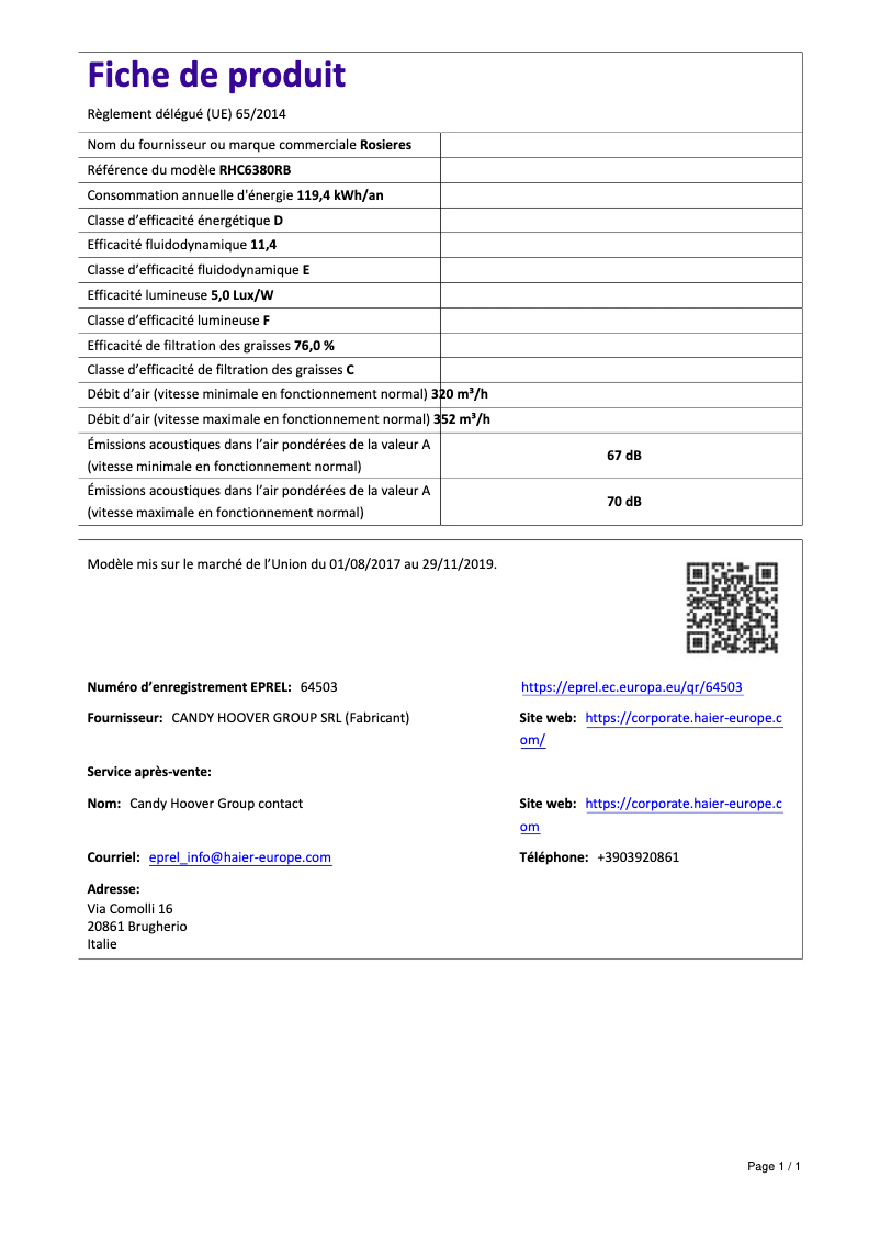 Page 1 of the manual Technical Sheet Rosieres RHC 6380 RB