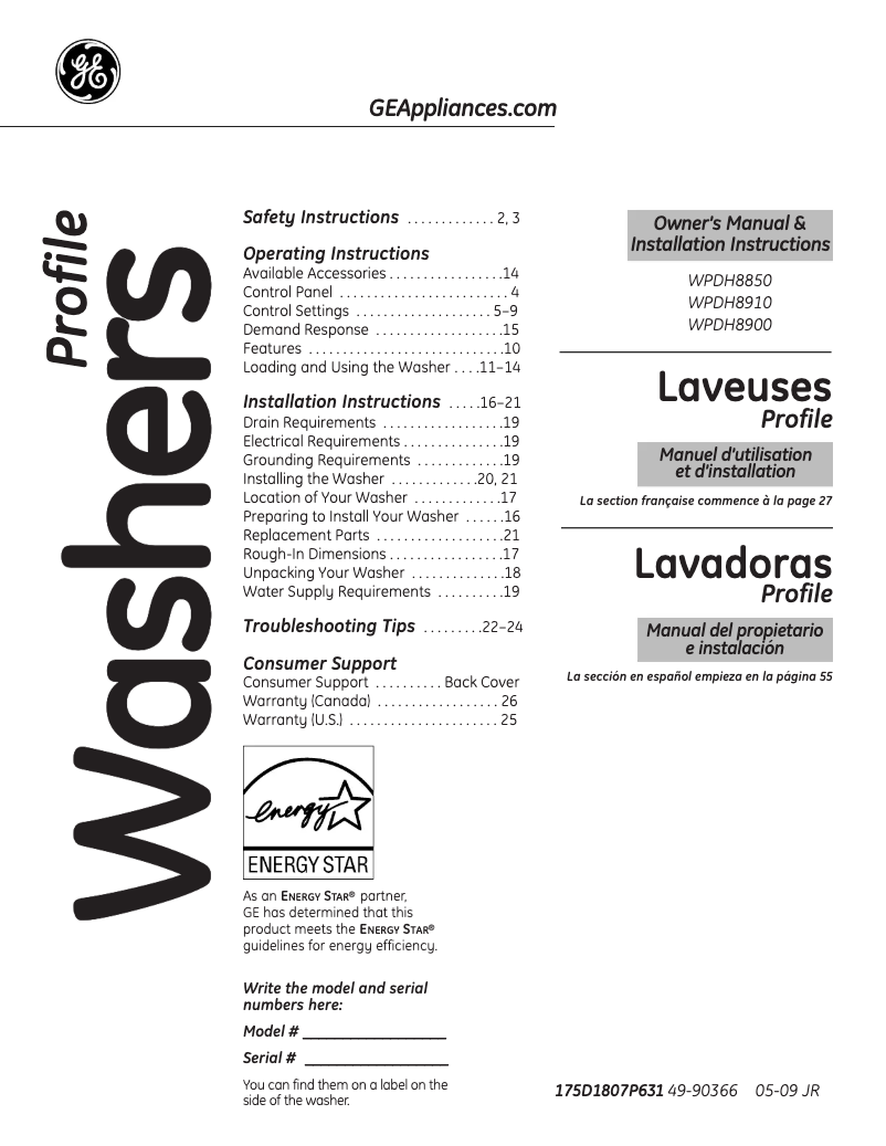 First page image of the manual for WPDH8900JMG