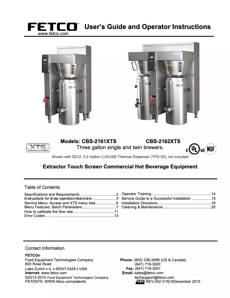 First page image of the manual for CBS-2162XTS