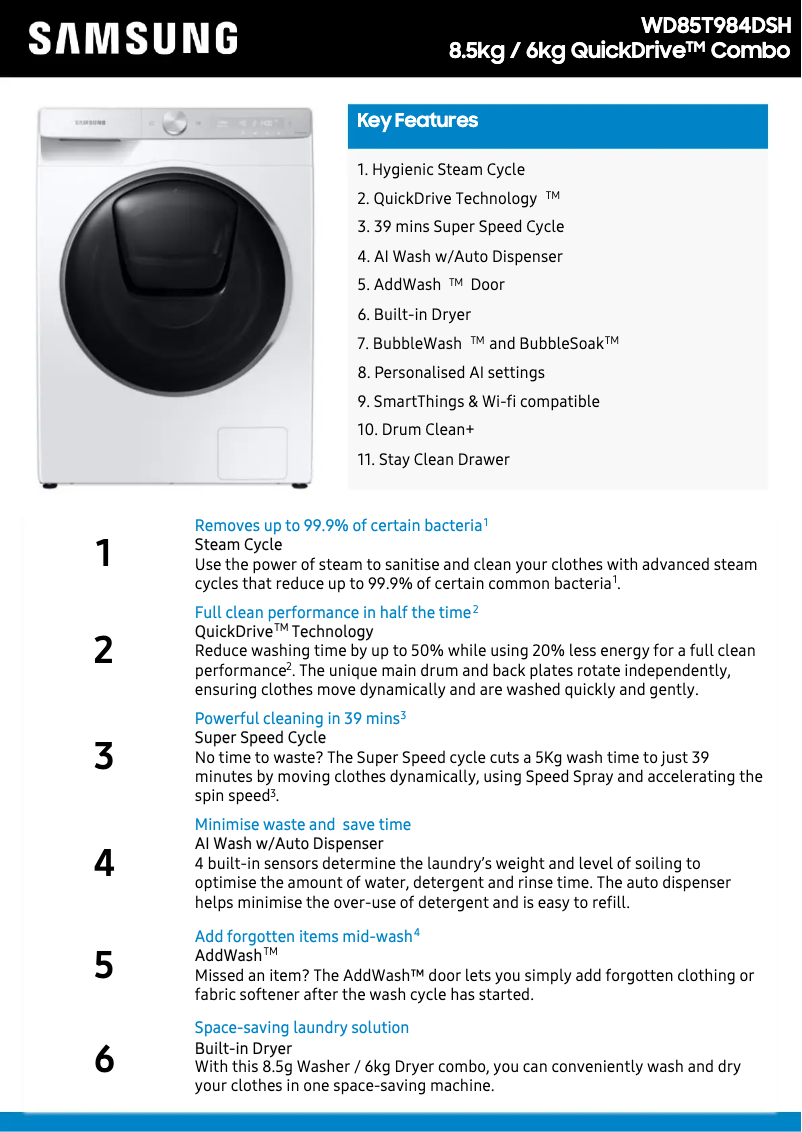 Page 1 of the manual Technical Sheet Samsung WD85T984DSH