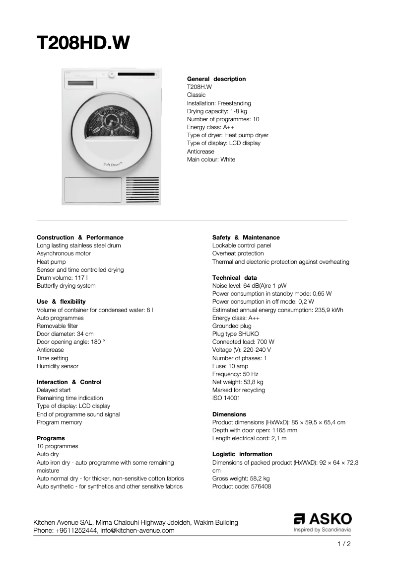 Page 1 of the manual Technical Sheet Asko T208HD