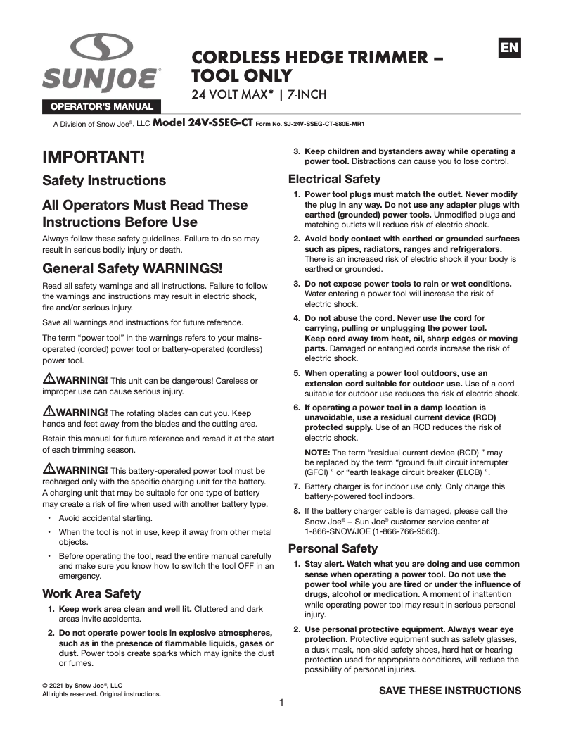 Page 1 of the manual User Manual Sun Joe 24V-SSEG-CT
