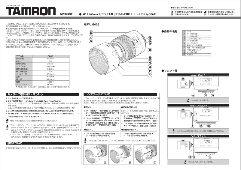 First page image of the manual for AF SP 60mm f/2.0 Di II LD IF Macro Nikon