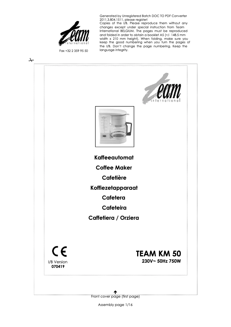 First page image of the manual for KM 50