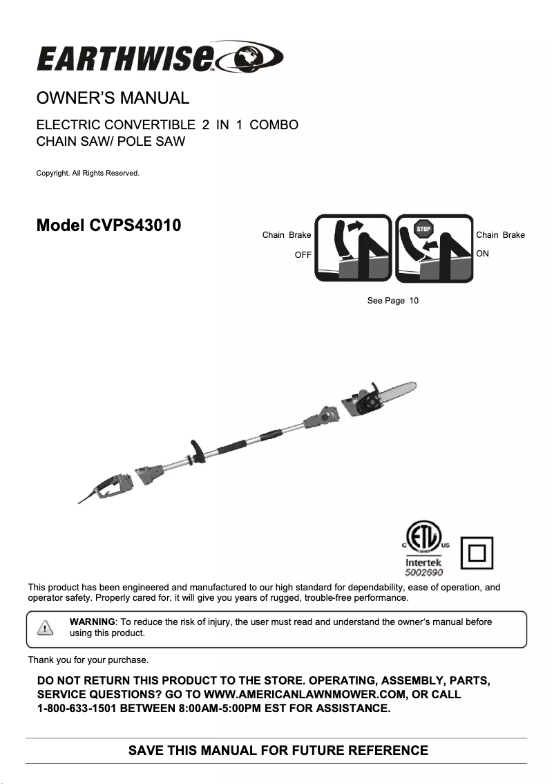 Page 1 of the manual User Manual Earthwise CVPS43010