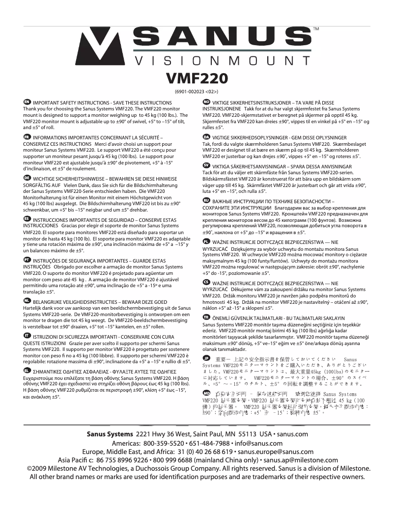 Page 1 of the manual User Manual Sanus VisionMount VMF220