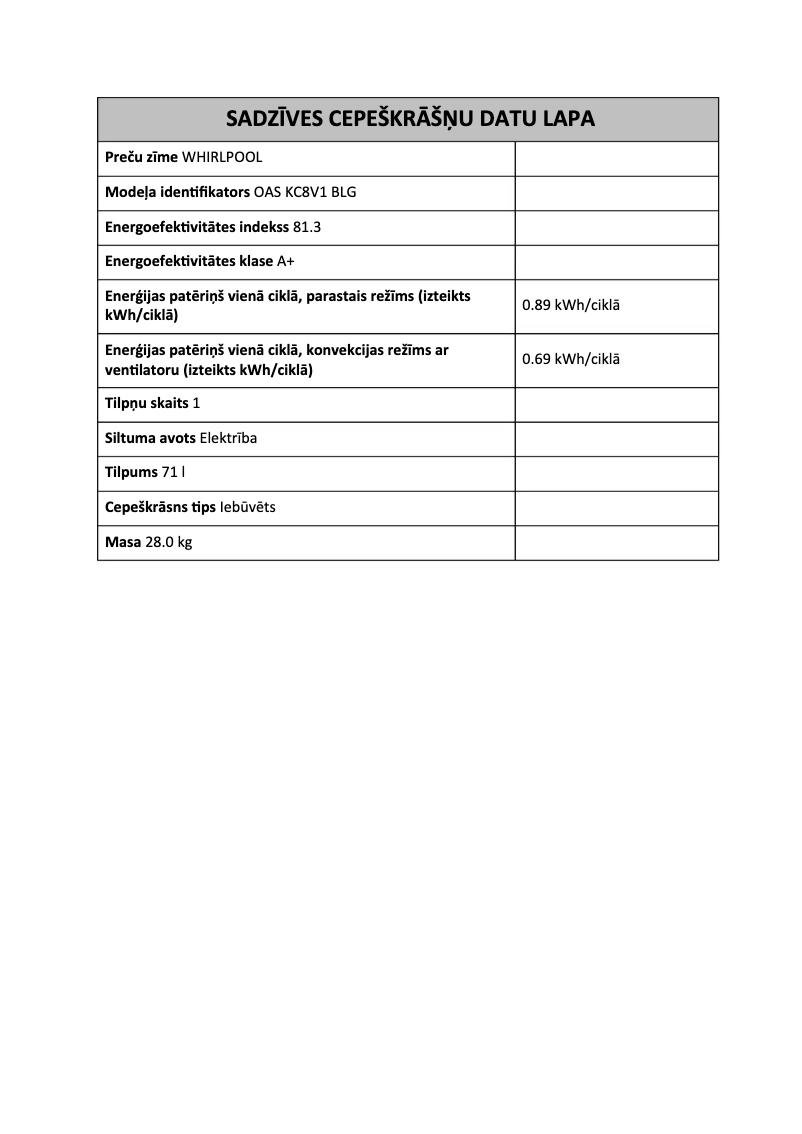 Page 1 of the manual Technical Sheet Whirlpool OAS KC8V1 BLG