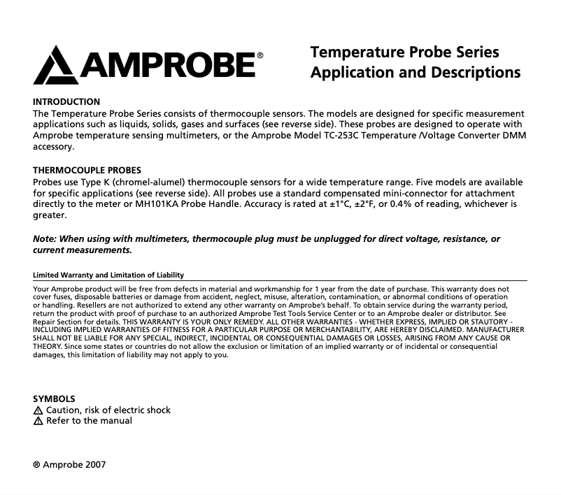 Page 1 of the manual User Manual Amprobe TP110KA
