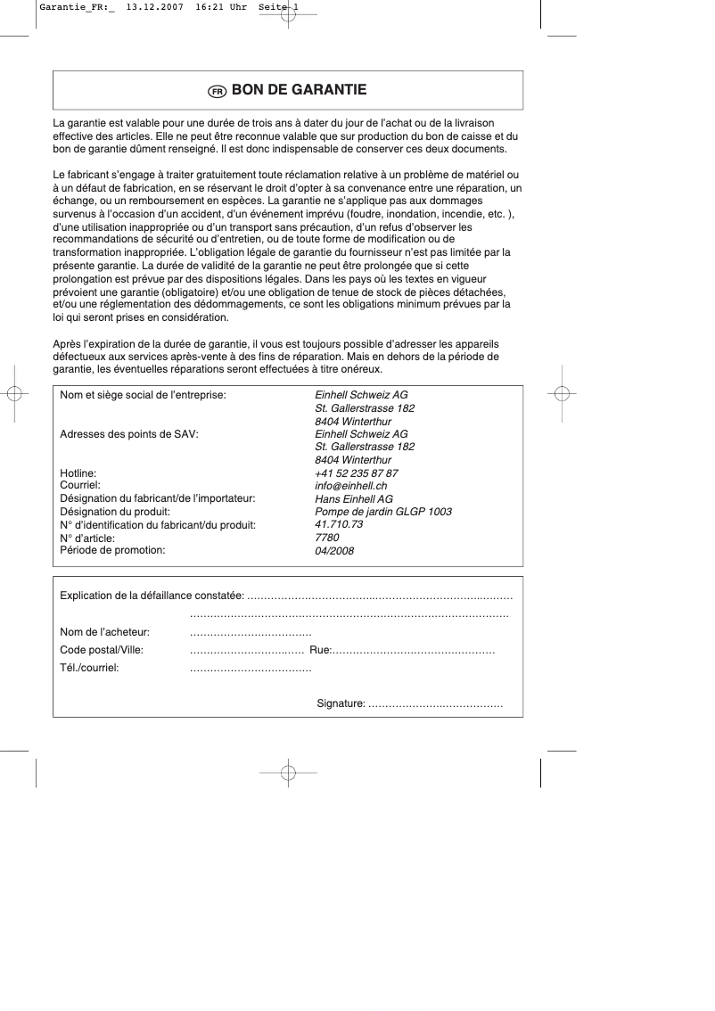 Image de la première page du manuel de l'appareil GLGP 1003