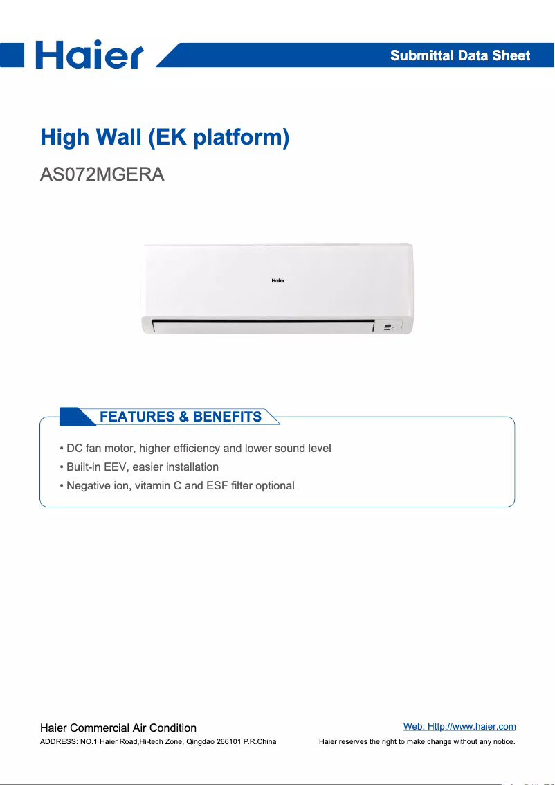 Page 1 of the manual User Manual Haier AS072MGERA