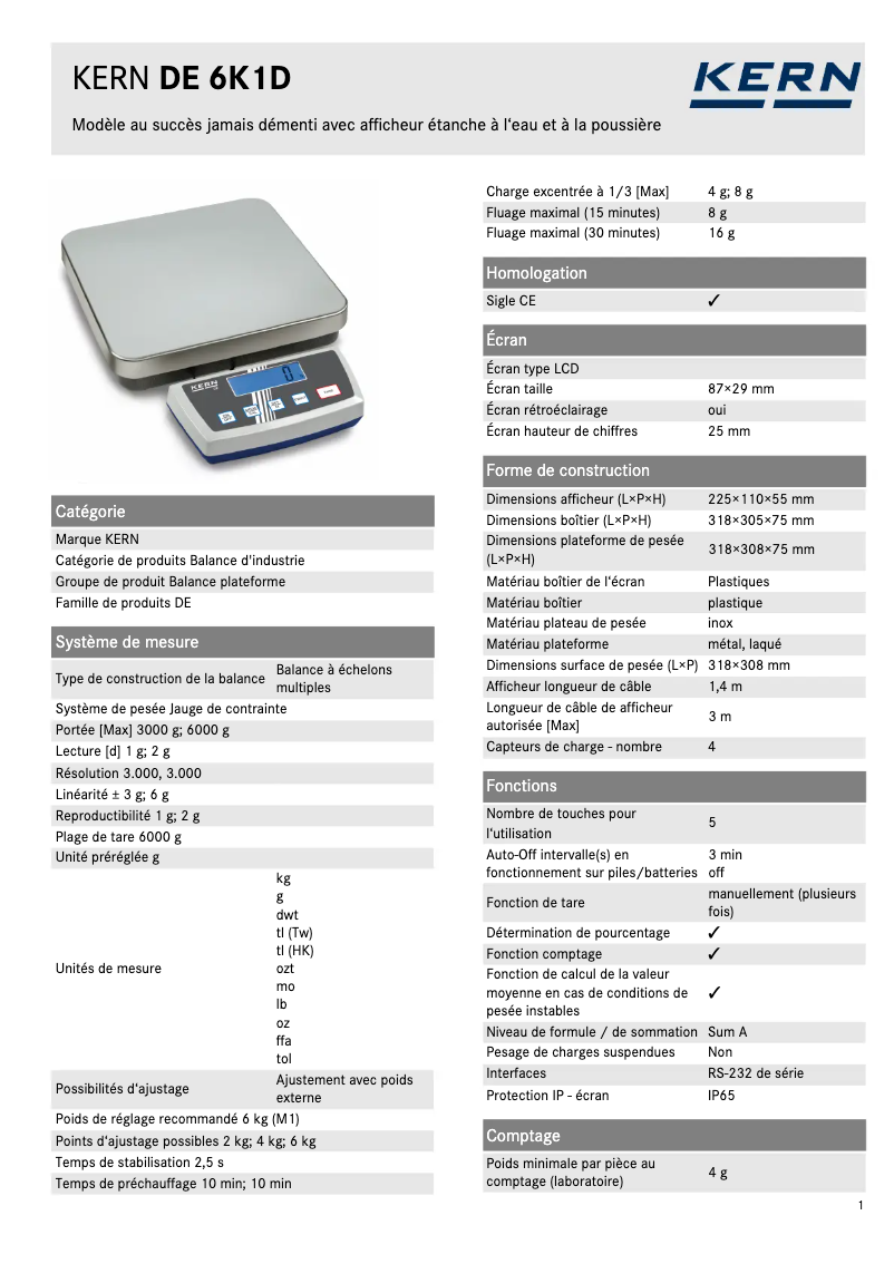 Page 1 of the manual Technical Sheet Kern DE 6K1D